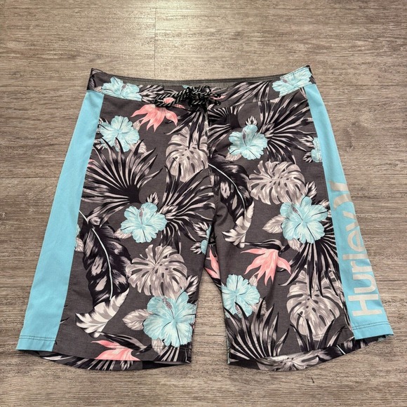 Hurley Board Shorts 32 Mens Blue Floral Swim Trunks Surfing Surfer Palm Hawaiian - Picture 1 of 9